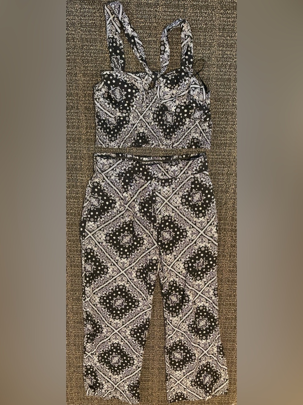 Black & White Paisley Crop Top and Pants Set